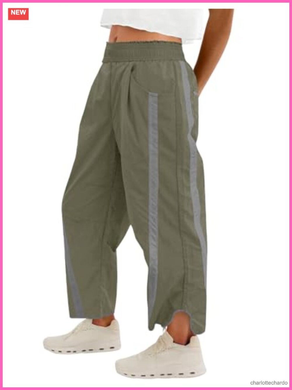 Womens Baggy Wide Leg Track Pants Nylon Blend Striped Hem Pockets